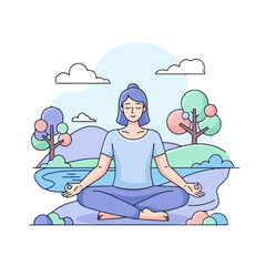 Vector art of a woman is meditating in a lotus position in nature, promoting mindfulness and relaxation