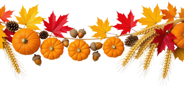 Hanging Garland of many maple leaves, white and yellow pumpkins, acorns, ears of wheat on a white plain background. Decoration for Halloween or Thanksgiving. - Powered by Adobe