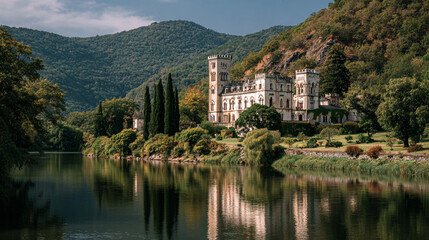 Obraz premium A scenic view of a chateau on a hillside reflected in the calm waters of a river