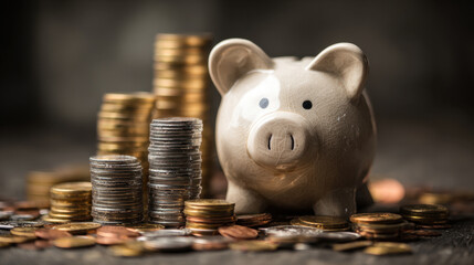 Piggy bank surrounded by stacks of coins and scattered currency represents savings and financial planning. image conveys sense of security and prosperity, ideal for themes related to finance