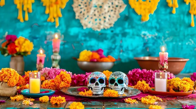 Colorful altar with marigolds and skulls, great for cultural blogs and seasonal celebration visuals