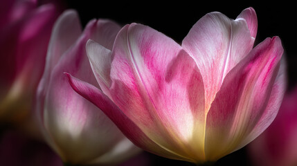 Obraz premium Beautiful pink tulips bloom gracefully, showcasing delicate petals that transition from soft pink to creamy white. vibrant colors and gentle curves evoke sense of tranquility and elegance