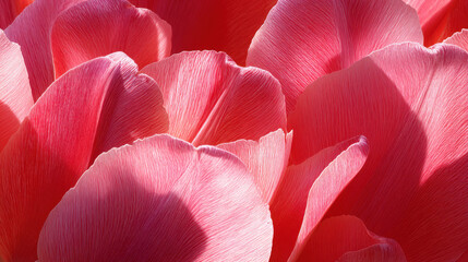 Vibrant pink tulip petals display delicate textures and soft shadows, creating stunning visual effect. interplay of light enhances beauty of these flowers, evoking sense of tranquility and joy