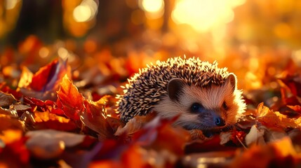 Hedgehog Curled Up Autumn Leaves Festive Scene
