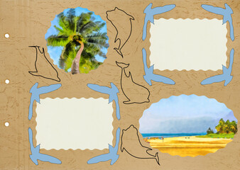 Photo album layout with empty photo frames. Page from old photo album for photos. Scrapbooking style composition on theme of vacation and travel. Sea, beach, emotions. Theme of vacation and travel.
