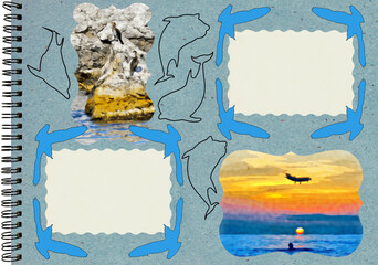 Photo album layout with empty photo frames. Page from old photo album for photos. Scrapbooking style composition on theme of vacation and travel. Sea, beach, emotions. Theme of vacation and travel.