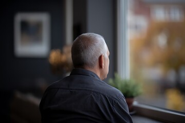 A contemplative middle-aged man gazes out a window, lost in thought, the autumnal cityscape reflected in his quiet solitude.