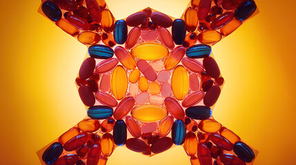 immune. Vibrant floating vitamin capsules in a kaleidoscopic pattern against a radiant backdrop. STEM education sheets, lab safety posters, designed for STEM education and laboratory safety posters.