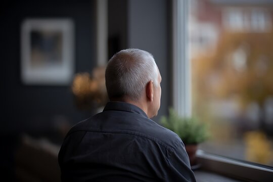 A contemplative middle-aged man gazes out a window, lost in thought, the autumnal cityscape reflected in his quiet solitude. - Powered by Adobe