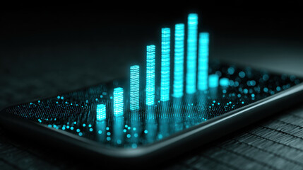 Digital graph displayed on smartphone screen, showcasing vibrant blue bars representing data trends. background features dark, textured surface, enhancing modern technology theme