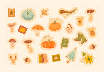 Cute autumn sticker set in warm pastel colors. Сollection has a cozy seasonal vibe, perfect for planners, scrapbooks, bullet journals, or digital designs