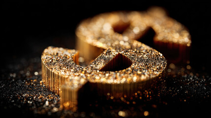 Golden dollar sign glitter macro photography wealth luxury finance investment shiny metal abstract close up sparkle gold currency symbol richness prosperity background texture design creative