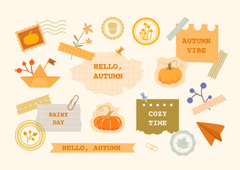 Cute autumn set made of different pieces of paper, stamps, origami, flower, washi tapes, push pins, paper clips, stickers, pumpkin in warrm pastel colors. Digital scrapbooking, journaling, planners