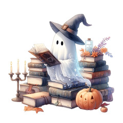 Cute and funny cartoon rabbit witch with a broom and pumpkin vector illustration