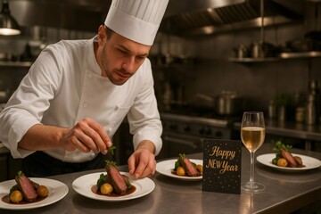 Professional chef adding finishing touches to beautifully plated New Year's Eve meals in a commercial kitchen