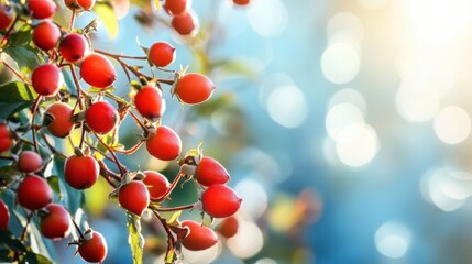 Vibrant rosehips basking in sunlight, a seasonal display against a bokeh background