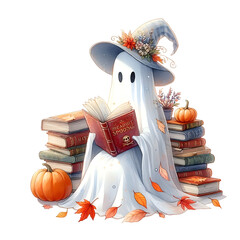 An autumnal Halloween scene with books and pumpkins decorated for the season