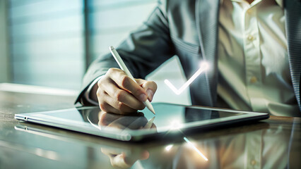 Obraz premium Business Professional Using Digital Pen on Tablet with Checkmark Symbol for Quality Assurance and Approval 