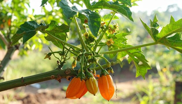 Close-up outdoor photo of a papaya branch with long green leaves, small star-shaped blossoms, and ripe bright orange papayas in a realistic tropical orchard setting