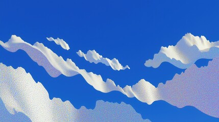Abstract Digital Art Wallpaper Featuring White Holographic Cloud-Like Or Mountainous Forms Set Against A Vibrant Blue Sky, Boasting Geometric And Minimal Modern Design Ideal For Decor