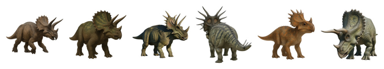 Horned dinosaur set including various ceratopsian species isolated. Prehistoric animal collection.