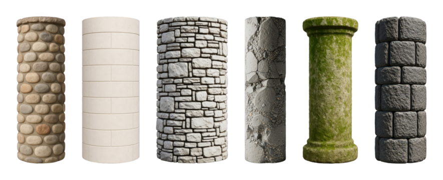 Architectural column set including pebble, smooth block, stacked stone, cracked, mossy, and block stone isolated. Building materials and design elements.