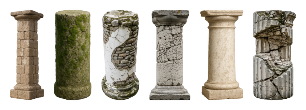 Architectural column set including stone block, mossy, plastered, cracked, classical, and crumbling variations isolated. Ancient ruin and historical elements.
