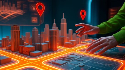 A person interacts with holographic 3d city map glowing with bright markers in futuristic room, linked to route optimization software, route planner, route software - Powered by Adobe
