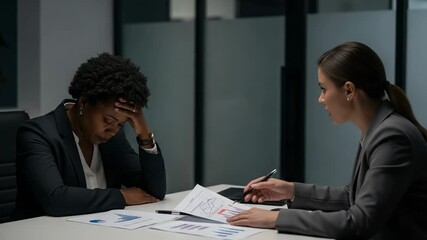 A tense meeting between a distressed Black woman in her 30s and a composed Hispanic woman in her 20s, analyzing financial documents in a modern workplace environment.