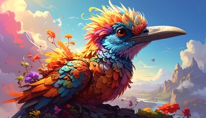 Obraz premium A vibrant bird with colorful plumage, nestled amidst a field of flowers, overlooks a serene landscape.