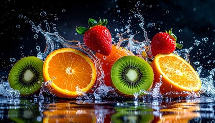 Colorful orange slices, ripe strawberries, and fresh kiwi splashing in water against dark background. Vibrant fruit splash for juice, health, diet, and refreshment.