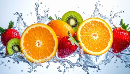 Fresh orange slices, ripe strawberries, and kiwi splashing in clear water on white background. Perfect for juice, diet, health, freshness, and nutrition themes.