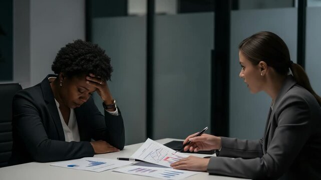 A tense meeting between a distressed Black woman in her 30s and a composed Hispanic woman in her 20s, analyzing financial documents in a modern workplace environment.