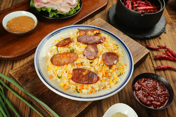 Chinese Fried Rice with Sausage on Wooden Table - Traditional Asian Cuisine with Condiments and Chili Peppers