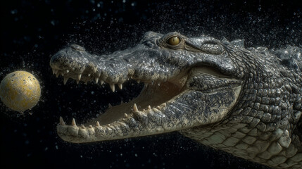 Fototapeta premium Crocodile underwater catching a ball in dark aquatic environment 