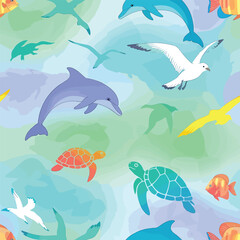 Seamless pattern featuring dolphins, turtles, fish, and seagulls on watercolor background, seamless pattern, royalty stock.