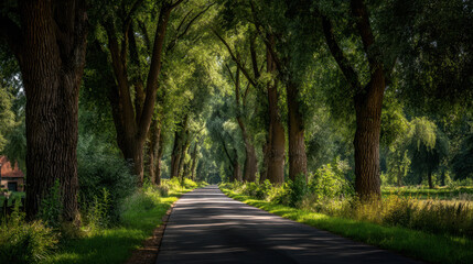Obraz premium Serene tree lined road surrounded by lush greenery creates peaceful atmosphere, inviting exploration and tranquility. sunlight filters through leaves, enhancing natural beauty