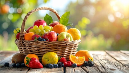 A beautiful, natural light shot of a rustic wicker basket overflowing with a colorful variety of fresh, ripe fruits. The scene is set on a textured wooden table with a soft, sun-drenched garden bokeh 