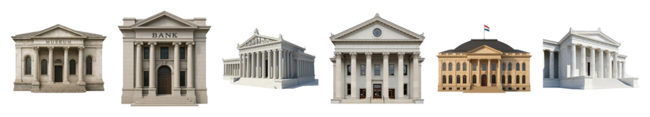 Neoclassical architecture building set including museum, bank, and grand public structures isolated. Government, finance, and culture concepts.