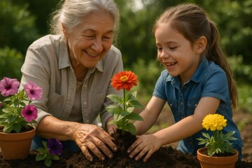 Happy grandmother and granddaughter planting flowers in the garden, enjoying time together and learning about nature