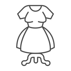 Woman dress on mannequin with tripod thin line icon, fashion designer concept. Vector graphics. Bride wedding dress, clothes sign on white background, outline style icon for mobile or web design.