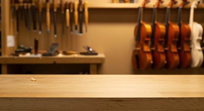 Mockup of violin making workshop with instruments and tools displayed for commercial usage