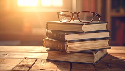 A stack of old, vintage books with reading glasses on top, sitting on a wooden desk. Warm sunlight streams in, creating a cozy and scholarly atmosphere. Copy space available.