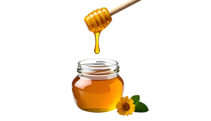 gold yellow honey dripping from smooth dripper to open glass jar isolated on transparent background