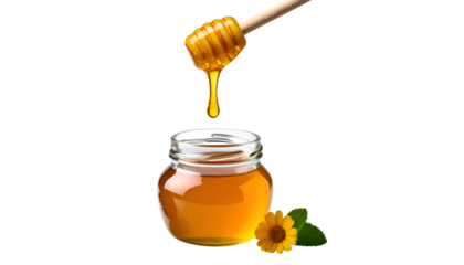 gold yellow honey dripping from smooth dripper to open glass jar isolated on transparent background