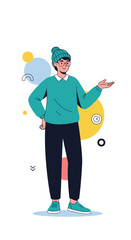 Stylish young person wearing a beanie and sweater gesturing while standing against a backdrop of abstract shapes and colors