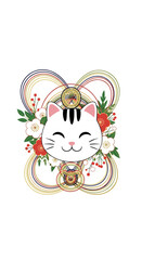 Fototapeta premium Lucky cat embracing floral beauty and auspicious symbols for prosperity and good fortune