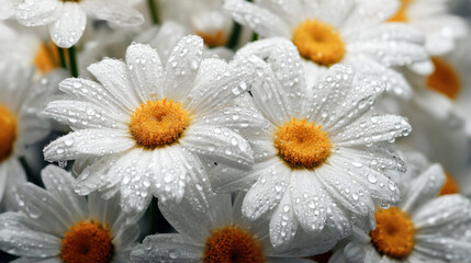 Fresh white daisies adorned with droplets of water create vibrant and refreshing scene, showcasing beauty of nature. delicate petals and bright yellow centers evoke feelings of joy and tranquility