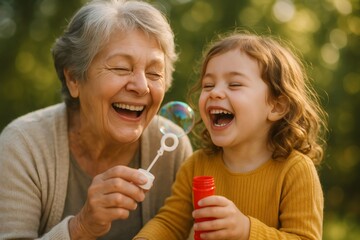 Happy grandmother and her granddaughter laughing together while creating soap bubbles in a sunny park, enjoying precious moments of joy and bonding