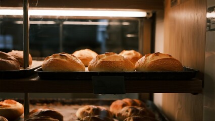 Warmly Lit Fresh Baked Breads in Bakery Oven Area, Ideal for Artisanal Baking Enthusiasts